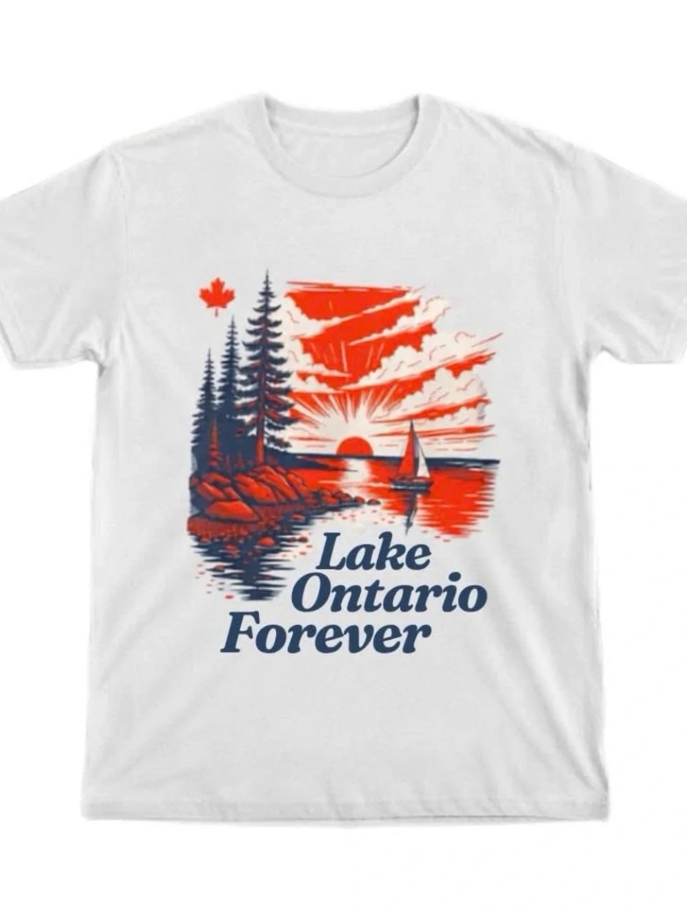 White Tee with Red and Navy Lake Ontario Graphic